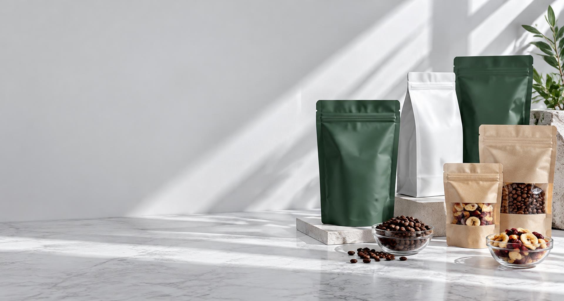Green, white and kraft packaging arranged in a sunlit studio