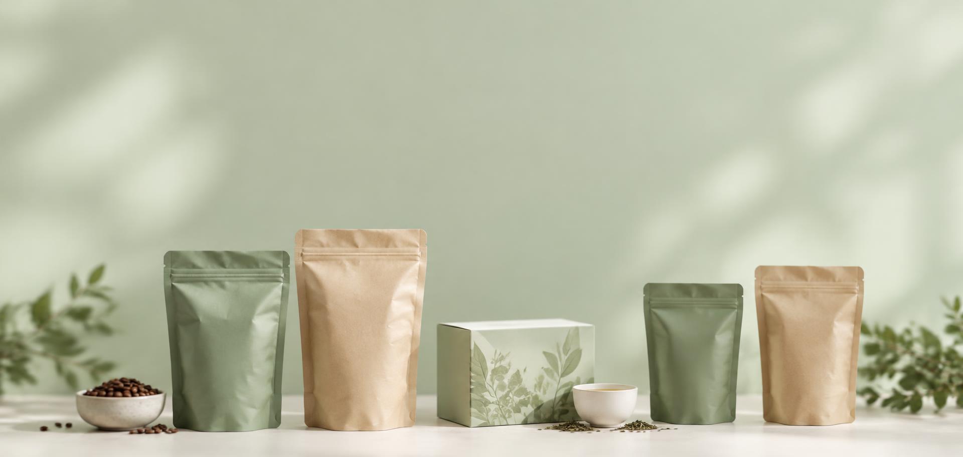 Green and kraft pouches and a botanical tea box in a soft studio scene